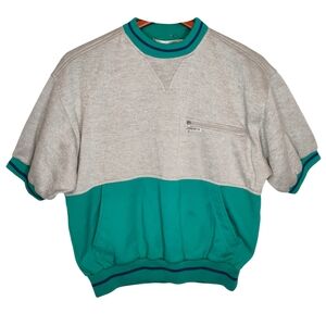 398. Vtg 90s Pierre Cardin L Green grey Color Block Sleeve Sweatshirt kangaroo